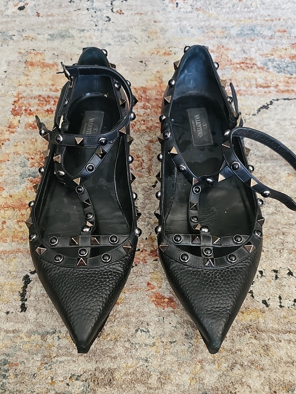 Valentino Black Studded Pointed Leather Flats with Ankle Straps Sz 41